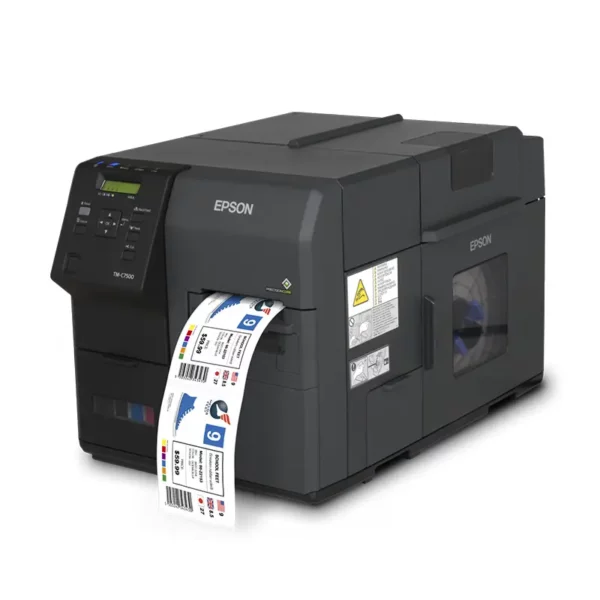 L'EPSON ColorWorks C7500 est une imprimante d’étiquettes jet d'encre couleur industrielle, performante, économique et conçue pour des volumes élevés. Elle imprime des étiquettes couleurs de haute qualité à la demande, avec une résolution jusqu’à 600 x 1200 dpi, une vitesse jusqu’à 300 mm/s et une largeur d'impression jusqu’à 108 mm.